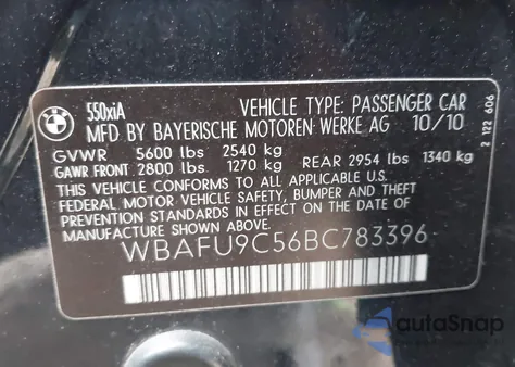 2011 BMW 550I xDrive z USA, uszkodzony, nr VIN WBAFU9C56BC783396